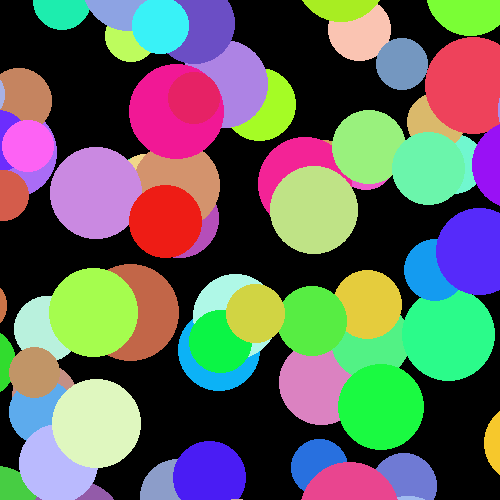 A collection of brightly coloured circles of various sizes, placed randomly on a black background.