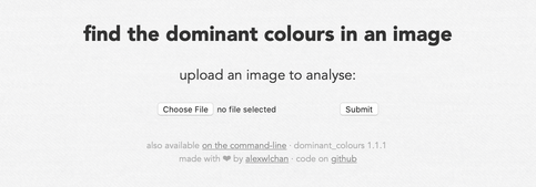 Screenshot of a web page titled 'find the dominant colours in an image', with a button to upload a file and a submit button.