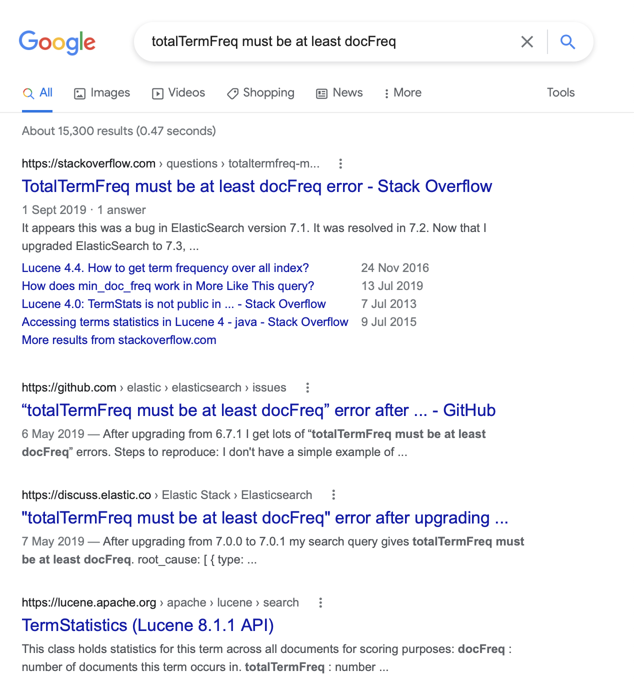 Google search results for ‘totalTermFreq must be at least docFreq’. There aren’t many results.