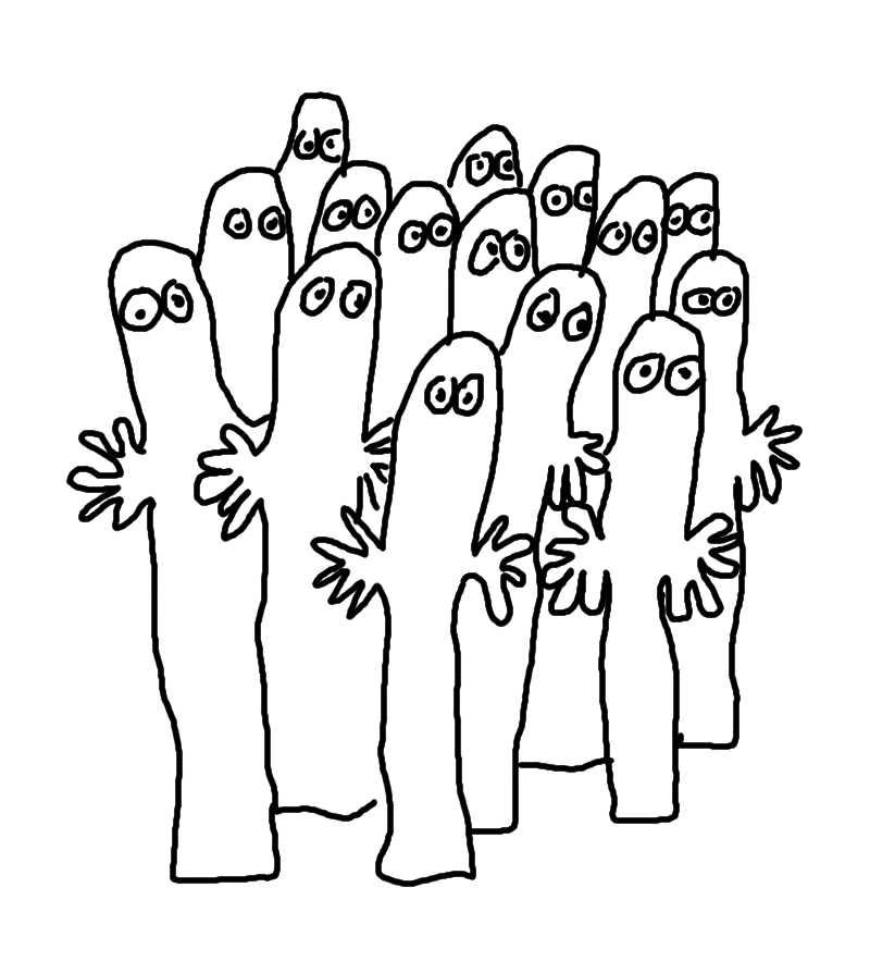 A collection of tall, thin creatures with large wiggly hands on the side of their bodies. They're completely featureless aside from hands and eyes, all of which are staring at us intently.