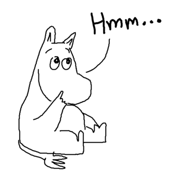 A Moomin sitting on the ground, his eyes to the sky, muttering “Hmm…” to himself.