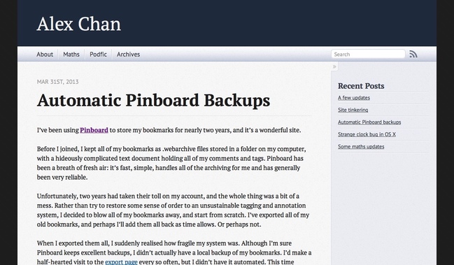 A website with a dark blue stripe across the top, which has my name and some horizontal navigation. Below is a post titled ‘Automatic Pinboard backups’, which goes straight into the post text, and on the right is a sidebar with a list of recent posts.