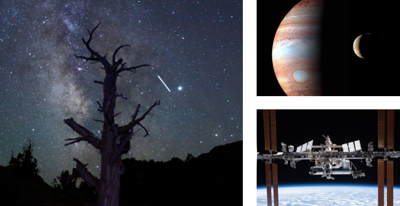 The image layout I've described, with a picture of a starry sky (left), the planet Jupiter half in shadow with a moon in front of it (upper right), and the International Space Station floating above the Earth.