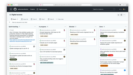 A GitHub project management board, with four columns: a sprint backlog, in progress, blocked, done.
