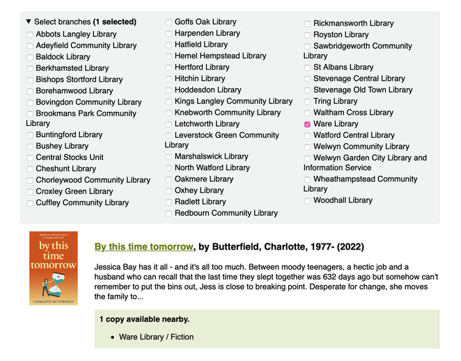 A list of library branch names with tickboxes. A single branch is ticked ‘Ware Library’, and below is shown a book with a single copy in Ware Library.