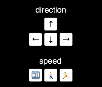 Buttons on a web page. There are four arrows labelled 'direction' arranged in a T-shape, like a keyboard, then three buttons labelled 'speed' for play/pause, go slower, and go faster.