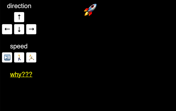 A web page with a rocket icon on a black background. On the left-hand side are a series of buttons labelled 'direction' and 'speed' which control the rocket.