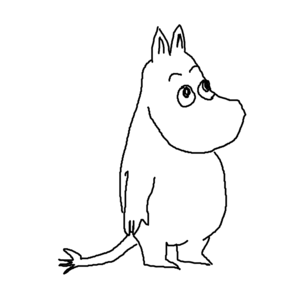 A Moomin sitting on the ground, his eyes to the sky, thinking quietly.