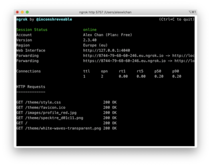Screenshot of my terminal running ngrok. It shows some information about my account, an eu.ngrok.io URL where I can access my web server, and a list of HTTP requests it's received.