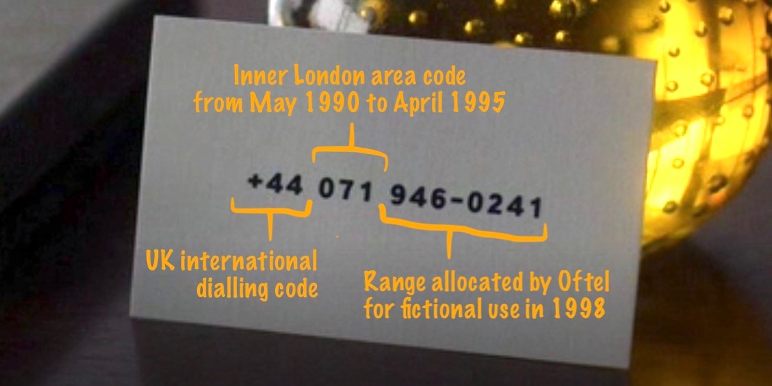 The same business card, now with yellow hand-drawn markings highlighting the three parts of the number. +44 is the UK international dialling code, 071 is the inner London area code, 946-0241 is from a range allocated by Oftel for fictional use.