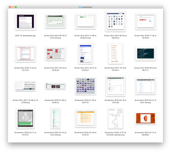 A folder showing a grid of screenshots. Each screenshot has a small preview of its contents (too small to make out in detail), and a filename showing when it was taken. They range from December 2015 to February 2021.