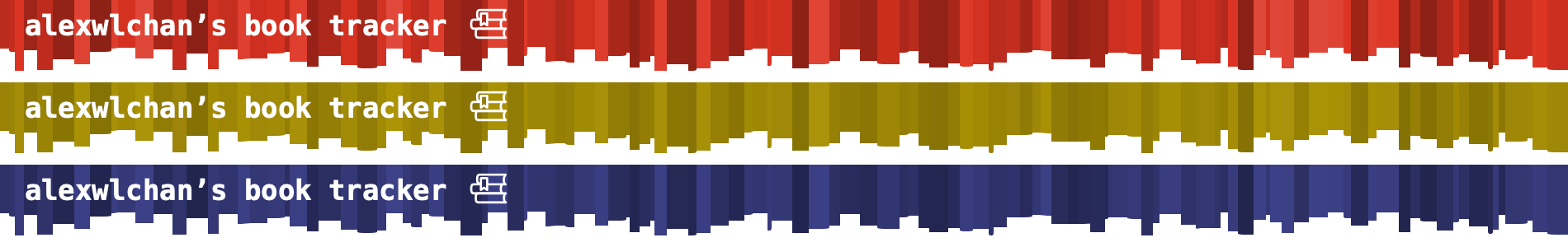 Three page headers in red, yellow, and blue. Each header is a collection of rectangles of different widths and heights in varying shades of red/yellow/blue, arranged so the top edge of the rectangles forms a straight line.