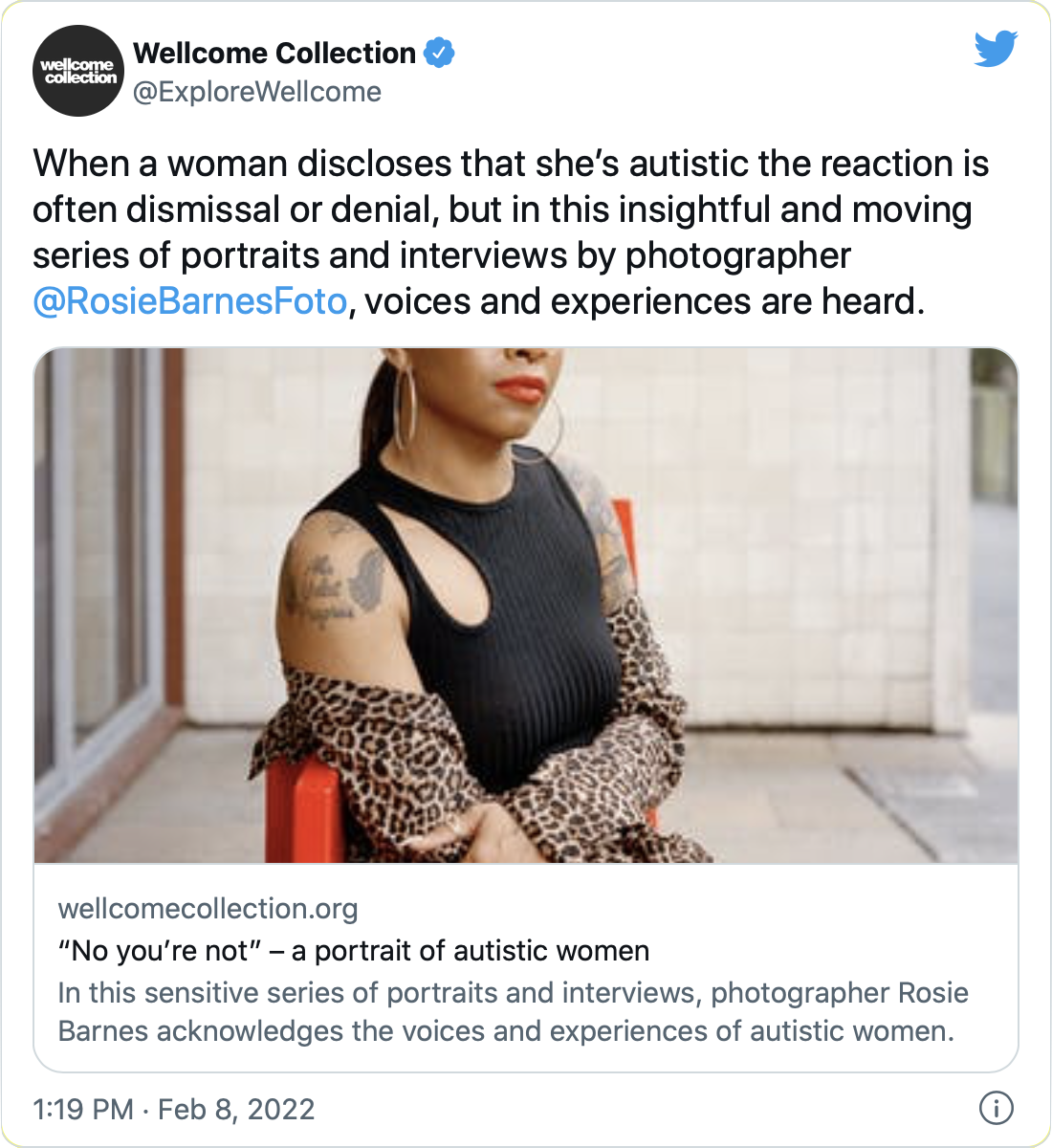 A screenshot of a tweet linking to an article, in which the card image shows a woman's chest and the bottom half of her face.