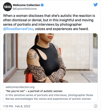 A screenshot of a tweet linking to an article, in which the card image shows a woman's chest and the bottom half of her face.