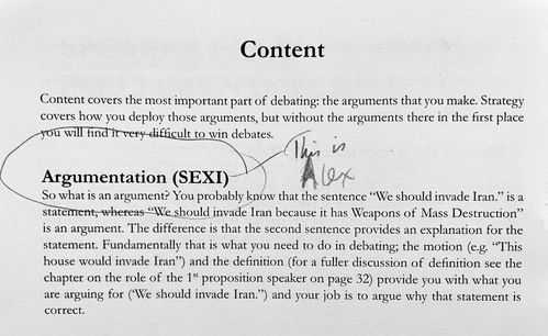 The heading 'Argumentation (SEXI)' with a hand-drawn arrow 'This is Alex'