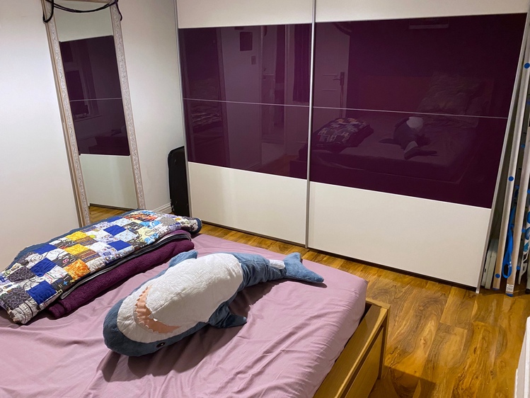 A poorly-framed photograph of a bedroom. There's a double bed partially visible at the bottom of the frame, with a purple mattress cover. In front of the bed is a large wardrobe taking up most of one wall, which has purple and white sections on the front. The purple sections are slightly reflective, and show the bed on the other side of the room. On the bed is a large, upside down plushy shark (a Bhålaj), who looks about as excited as I feel about this room.
