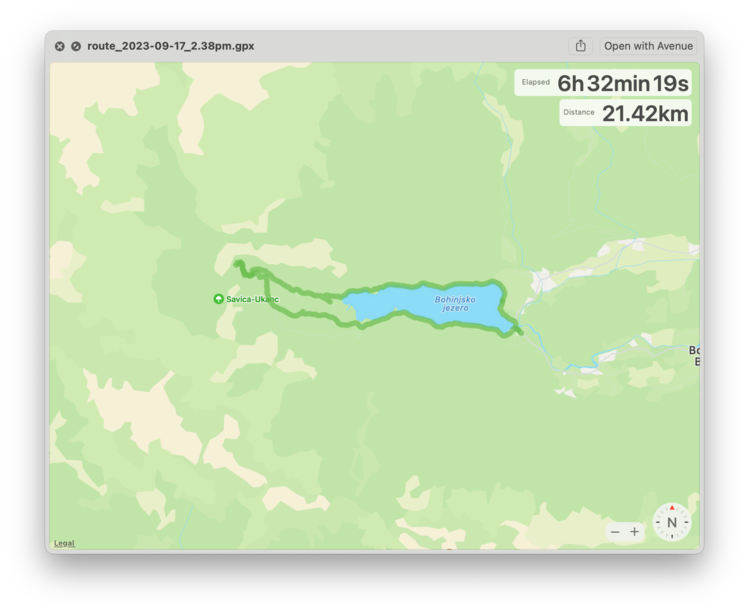 An outline map of mostly green countryside with a blue lake (Bohinjsko jezero) in the middle. There's a thick green line that goes around the lake, showing my walking route.