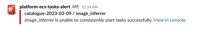 An alert in Slack with the message 'image_inferrer is unable to consistently start tasks successfully' with a clickable link 'View in console'. The alert has a red border and a siren emoji.