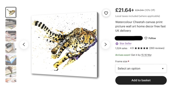 An Etsy listing of a canvas print of a similar-looking cheetah picture, but with more fine detail than the cross-stitched version.