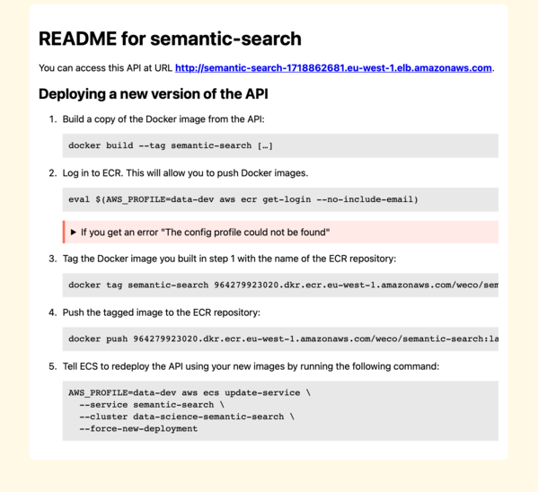 Screenshot of a README file for a 'semantic-search API'. It includes a URL where the API can be accessed, and then numbered step-by-step instructions for deploying a new version of the API. Each step includes a brief prose description and then a command for the developer to run.