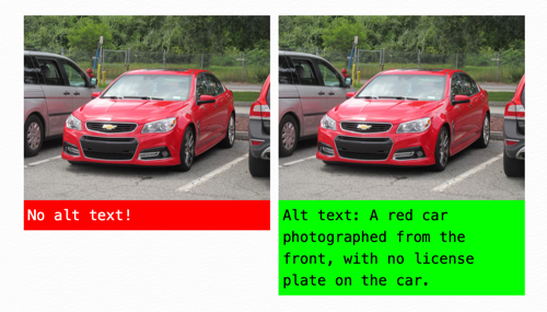 Two photos of a red car. On the left-hand side there's a label with a red background 'no alt text'; on the right-hand side there's a label with a green background that contains the alt text.