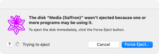 A dialog box 'The disk “Media (Saffron)” wasn't ejected because one or more programs may be using it.