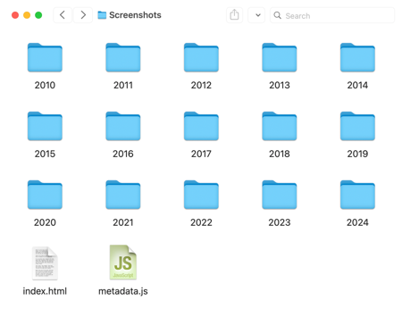 My 'screenshots' folder in the macOS Finder. There's a series of per-year folders from 2010 to 2024, a JavaScript file 'metadata.js' and an HTML file 'index.html'.