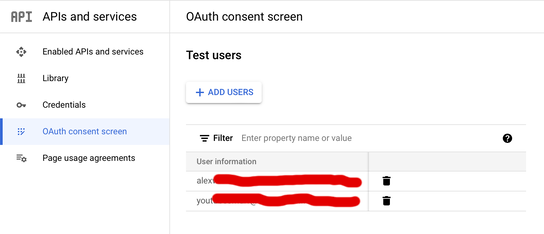 Screenshot of a settings screen in Google Cloud console. The panel is a titled ‘OAuth consent screen’, and there’s a table labelled ‘Test users’. It has two rows with redacted email addresses, and buttons to add/remove users from the table.