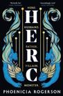 The cover of “Herc”. The four letters of “Herc” are shown in four white letters in a vertical line, with two blue lion-like creatures on either side.