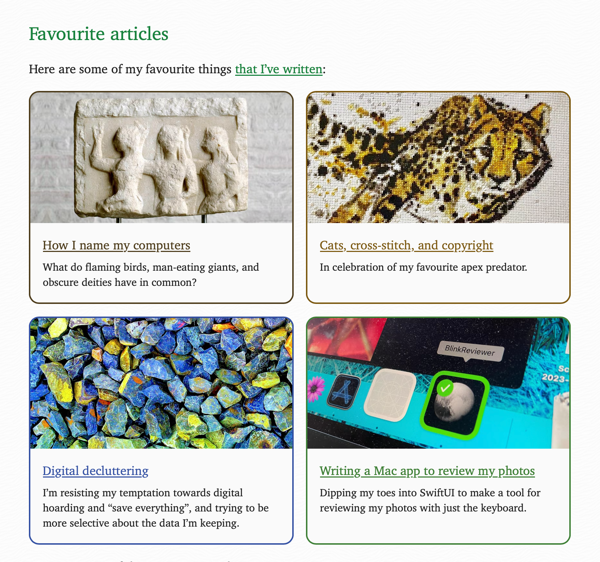 A snippet of my homepage, titled “Favourite articles” and then a 2×2 grid of cards that link to articles.