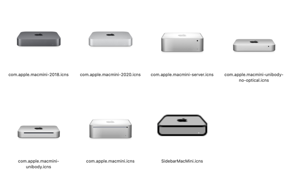 A grid of seven Mac mini icons, which is conspicously missing the 2024 Mac mini.