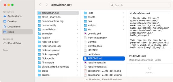 A Finder window in column view with the folder 'alexwlchan.net' opened, and inside the folder the file 'README.md' is highlighted.