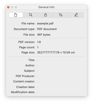 Screenshot of Preview’s Document inspector, showing the page size of 35277777777.78 x 10.59 cm.