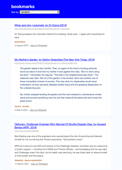 My bookmarks collection. The screenshot shows three blue links, and below each link is some descriptive text – a quote from the link, or some text I've written myself.