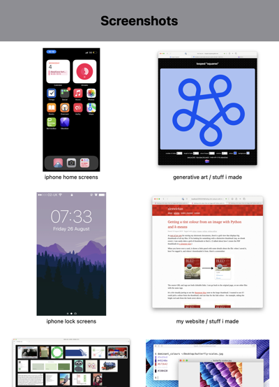 My screenshots collection. It's a two-column grid of images, with a line of small text below each image (usually tags or a description).