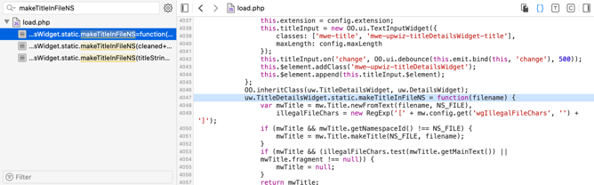 Screenshot of the web inspector highlighting the definition of a function called `makeTitleInFileNS`.
