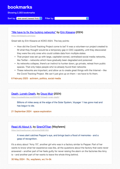 Screenshot of a web page titled ‘bookmarks’, and a list of three bookmarks below it. Each bookmark has a blue link as the title, a grey URL below the title, and some descriptive text below it.