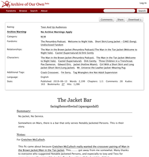 Screenshot of a story ‘The Jacket Bar’ on AO3. There are styles and colours, and a red AO3 site header at the top fo the page.