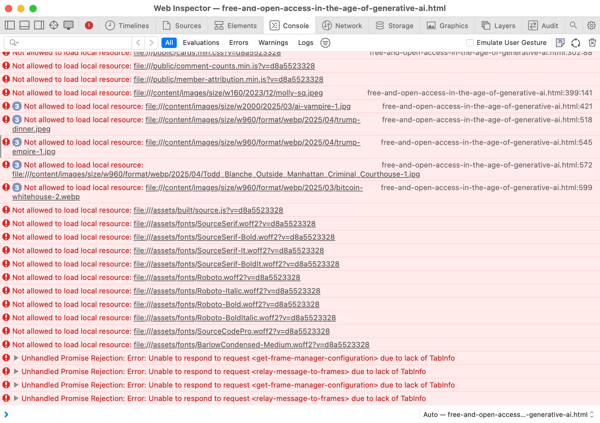 The console tab in my browser developer tools, which has a lot of messages highlighted in red about resources that weren't loaded properly.