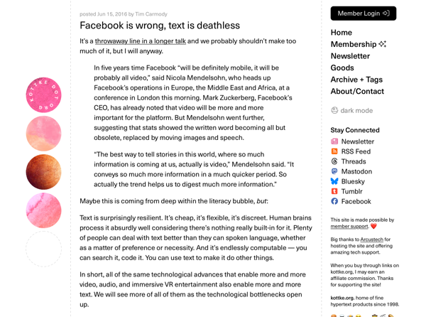A web page with black text on a white background, and down the left hand side are four circles showing different textures in a variety of pink/red shades.
