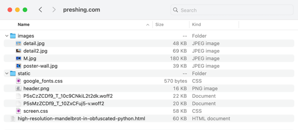 Screnshot of a folder containing an HTML page, and two folders with linked resources: images and static.