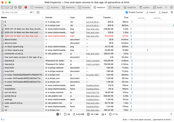The network tab in my browser developer tools, which has a list of files loaded by the page, and the domain they were loaded from. A lot of these files were loaded from remote servers.
