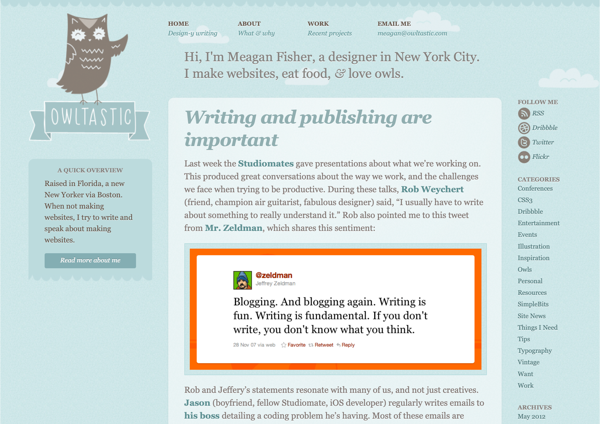 Screenshot of a website with a light turquoise background, with various similar shades of teal, with a light brown as an accent colour. In the top left is a hand-drawn illustration of an owl, which is smiling and gesturing towards an article titled ‘Writign and publishing are important’.