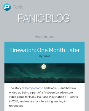 A screenshot of the Panic blog, with a dark blue P logo in the top left-hand corner.