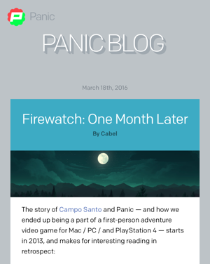 A screenshot of the Panic blog, with a red/green P logo in the top left-hand corner.