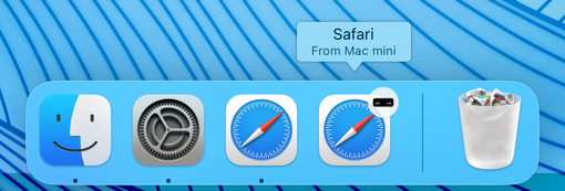 My Dock has two Safari icons – regular Safari, then one that’s annotated ‘Safari from Mac mini’.