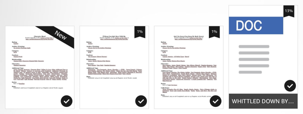 A row of four document thumbnails, three of which are a preview of the text but too small to be readable, and the fourth is a generic ‘Doc’ icon with a short preview of the title ‘Whittled Down By…’.