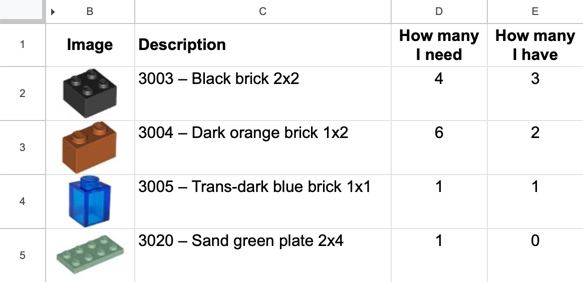 Screenshot of a spreadsheet showing a list of four Lego bricks, plus a count of how many I have/need. There are images showing an illustration of the four bricks.