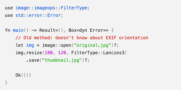 Screenshot of the same Rust code. Now the code is mostly black, with blue highlights for the import/function/variable name, strings in green, and the comment is bright red.