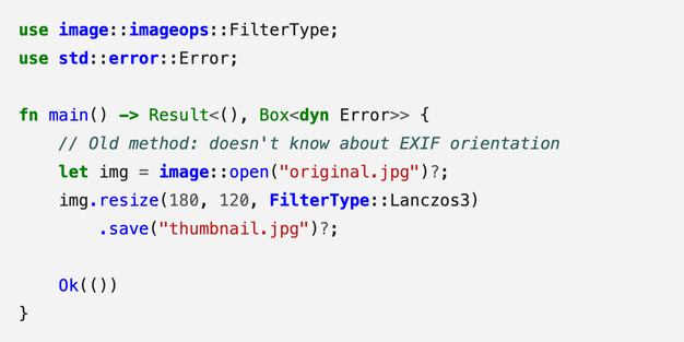 Screenshot of some Rust code. Most of the code is coloured either blue, red, or green, with some bold and italicised text. The one comment is in a dull bluish-grey.